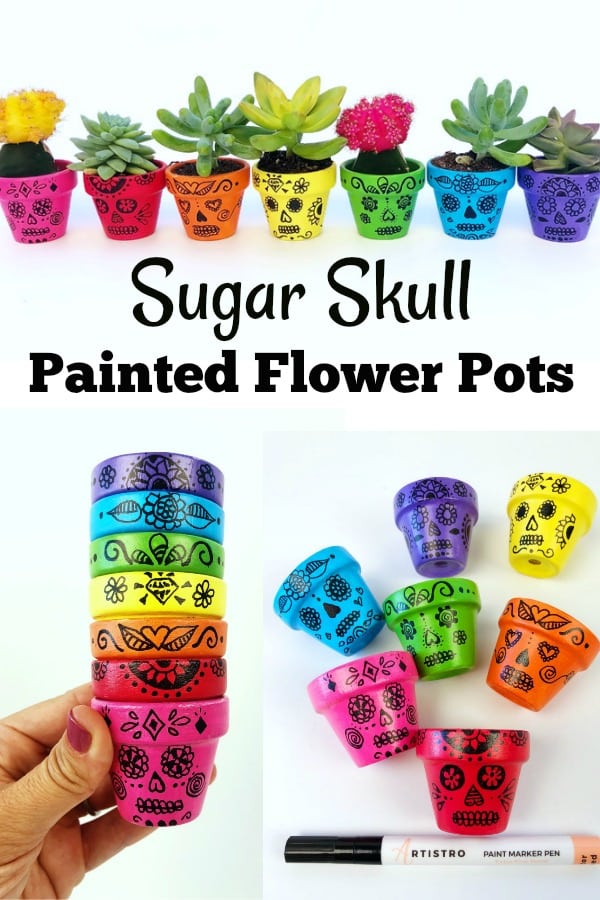 Sugar Skull Painted Flower Pots. Day of the Dead craft.